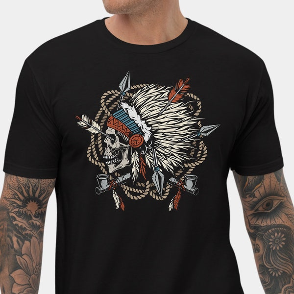 Native American Indian Chief Skull in Traditional Feathers Headdress Short Sleeve T-Shirt