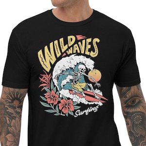 Surfing Shirt | Surfing Skeleton Tee l Cool Vintage Wild Waves Short Sleeve T-Shirt