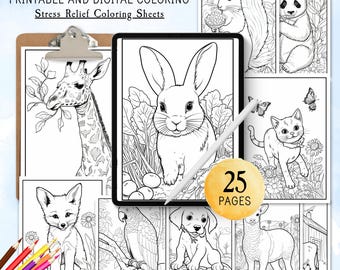 May include: A collection of animal coloring pages, including a giraffe, rabbit, fox, squirrel, panda, cat, parrot, dog, and deer. The pages are printable and digital, with the text "Animal Coloring Pages" and "Stress Relief Coloring Sheets". A tablet displays a rabbit coloring page.