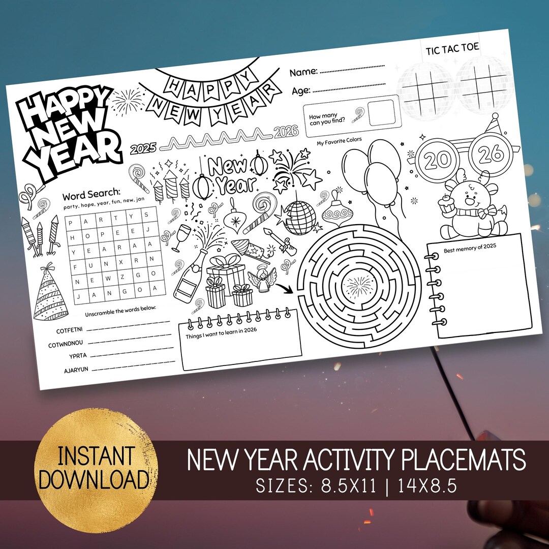 New Year 2026 Kids Activity Placemat | Fun NYE Coloring Page & Party ...