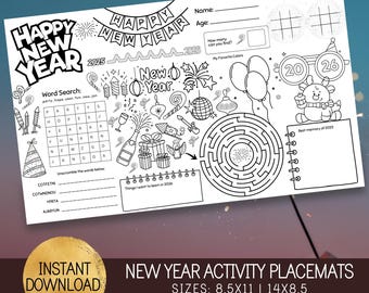 Neues Jahr 2026 Kinderaktivitäts-Tischset | Spaß NYE Malseite & Party Spiele | Winter zum Ausdrucken