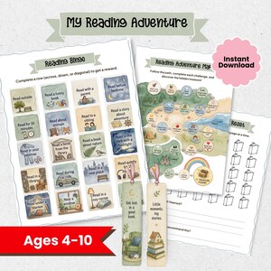 May include: A printable reading activity set titled My Reading Adventure, featuring a Reading Bingo card, a path-based adventure map, a book tracker, and two bookmarks with illustrations of books, furniture, and nature scenes.