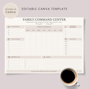 May include: An editable Canva template for a Family Command Centre planner. The layout includes sections for Top Priorities, Family Schedule, Important Reminders, Meal Plan, Grocery List, and Notes. The text reads: A calmer family week starts with one simple plan.