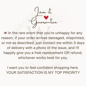 May include: A cream-colored card with the words "Love it Guarantee" in elegant script, a red heart, and floral accents. The text promises free replacements or refunds for damaged or misprinted orders.