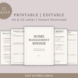 May include: A 22-page printable and editable home management binder set in A4 and US Letter sizes. The pages feature a neutral color palette with black text, including a cover page titled Home Management Binder and various planning templates.