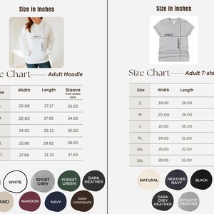 May include: Size charts for adult hoodies and t-shirts, with measurements in inches. The hoodie chart includes width, length, and sleeve measurements. The t-shirt chart shows chest and length measurements. Color options include black, white, and heather grey.
