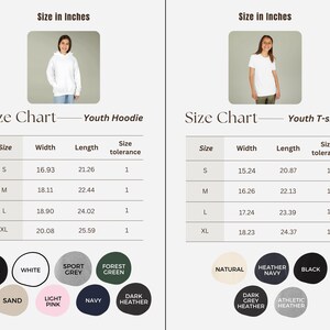 May include: A size chart for youth hoodies and t-shirts. The hoodie chart shows sizes S-XL with width and length measurements in inches. The t-shirt chart also shows sizes S-XL with width and length measurements in inches. Color options are displayed.