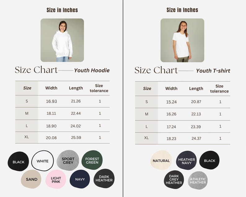 May include: A size chart for youth hoodies and t-shirts. The hoodie chart shows sizes S-XL with width and length measurements in inches. The t-shirt chart also shows sizes S-XL with width and length measurements in inches. Color options are displayed.