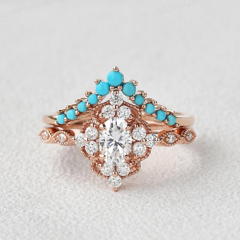 April Birthstone Turquoise 14k Rose Gold Ring Chevron Bridal Set 2pcs Vintage Inspired Ring Engagement Ring American Diamond Ring