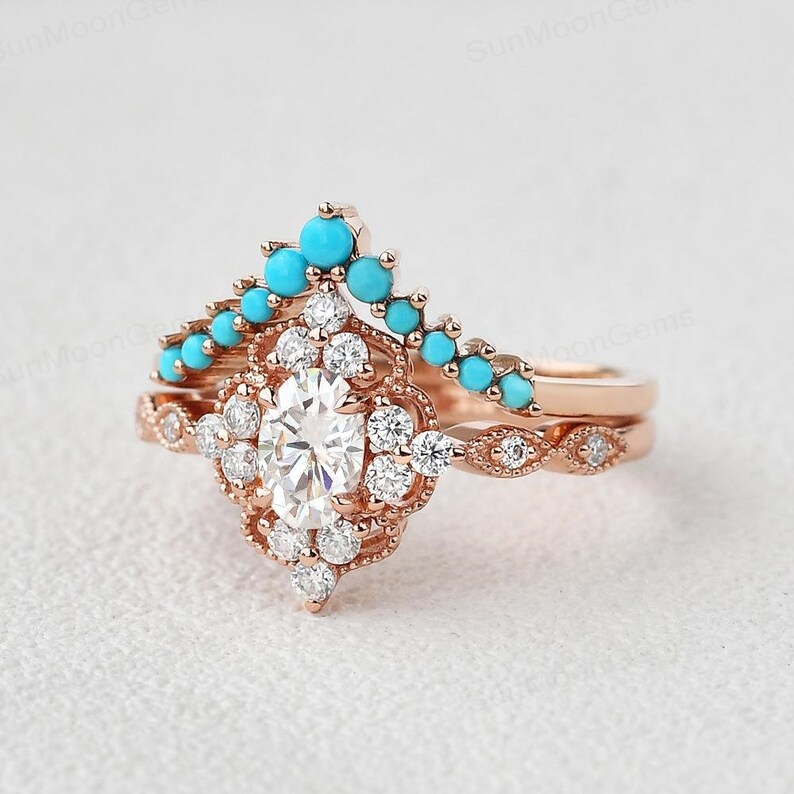 April Birthstone Turquoise 14k Rose Gold Ring Chevron Bridal Set 2pcs Vintage Inspired Ring Engagement Ring American Diamond Ring
