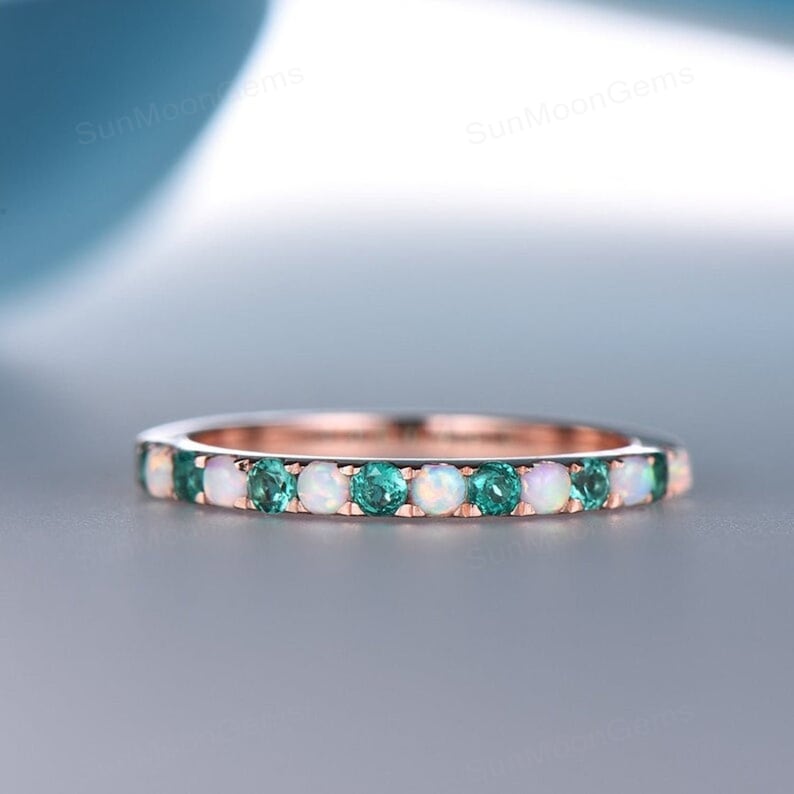 Emerald Band Opal 14k Rose Gold Ring Anniversary Gift May Birthstone Half Eternity Band Engagement Band Opal and Emerald Ring Band