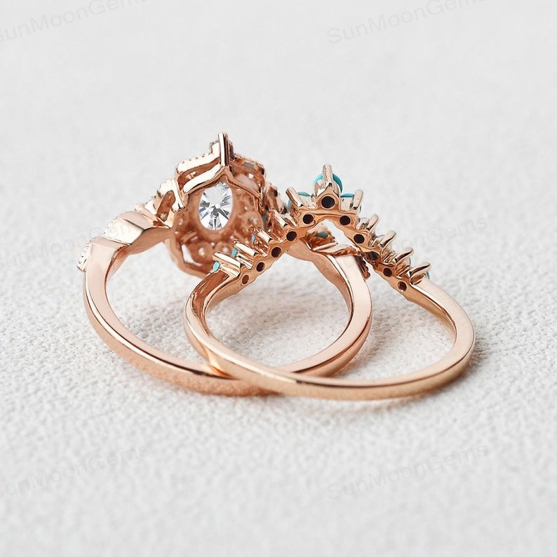 April Birthstone Turquoise 14k Rose Gold Ring Chevron Bridal Set 2pcs Vintage Inspired Ring Engagement Ring American Diamond Ring