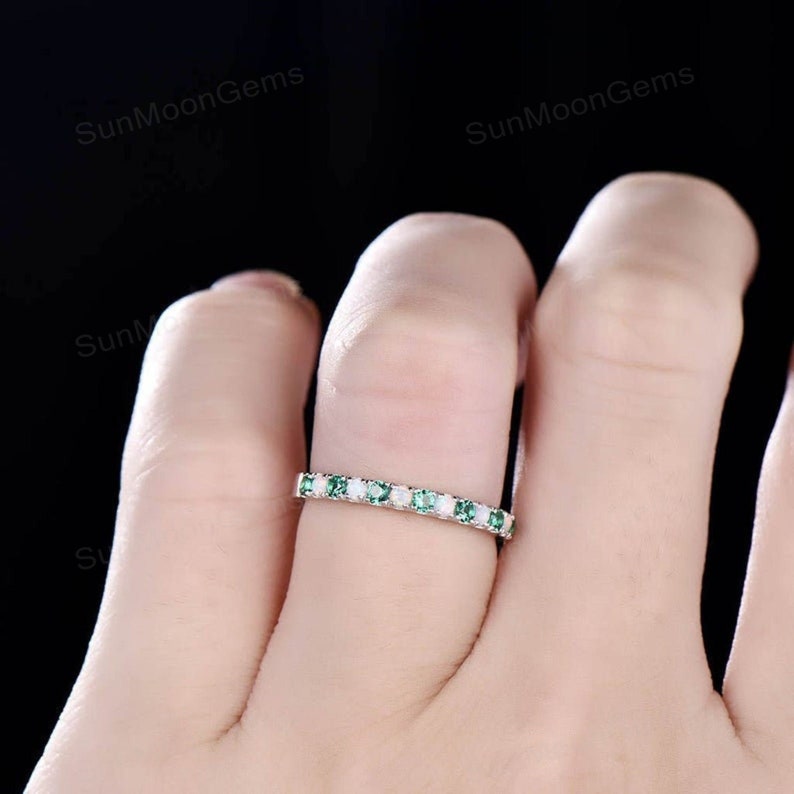 Emerald Band Opal 14k Rose Gold Ring Anniversary Gift May Birthstone Half Eternity Band Engagement Band Opal and Emerald Ring Band