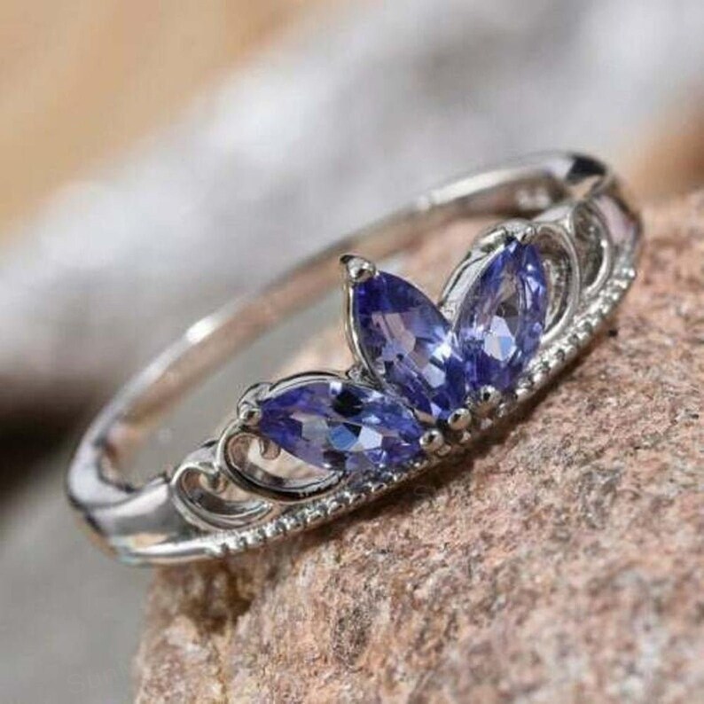 Solitaire Band 14k White Gold Ring Wedding Band Birthday Gift December Birthstone Anniversary Gift Ring For women Tanzanite Band