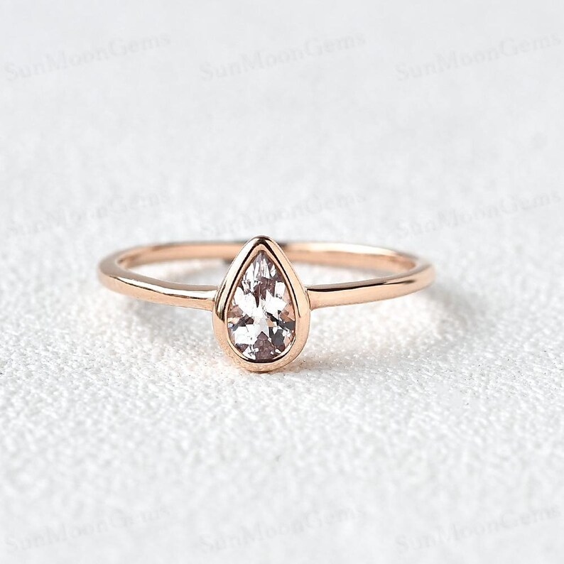 Morganite Band 14k Rose Gold Ring Peachy Pear Band Bezel Stacking Morganite Wedding Ring Engagement Band