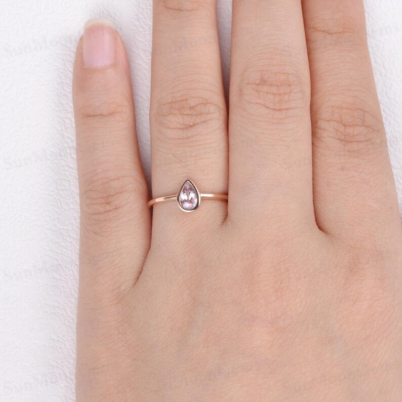 Morganite Band 14k Rose Gold Ring Peachy Pear Band Bezel Stacking Morganite Wedding Ring Engagement Band