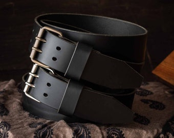 Ceinture bushcraft cuir de taureau Français, noire, boucle acier, fabriquée en France, made in france, fait main, ceinture cuir homme