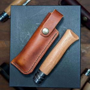 fourreau en cuir pour couteau pliant, fabriqué en France, entièrement fait main, convient aux couteaux de type opinel No 06 07 08 09 10 12