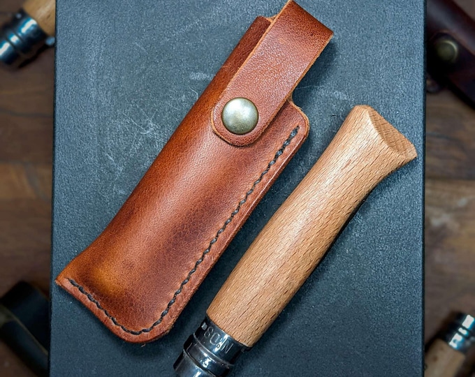 Étui en cuir pour couteau pliant, fabriqué en France, entièrement fait
