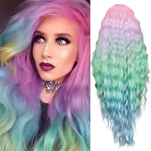 Super long rainbow lace front wig, 30 +/-  inches synthetic wavy pink blue green unicorn princess queen hair, mermaid cosplay, purple pastel