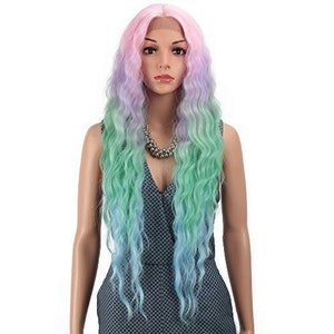 Super long rainbow lace front wig, 30 +/-  inches synthetic wavy pink blue green unicorn princess queen hair, mermaid cosplay, purple pastel
