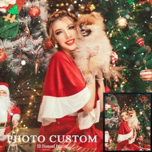 May include: A woman in a red and white Santa Claus costume holds a small brown and white dog in front of a decorated Christmas tree. The text "PHOTO CUSTOM 5D Diamond Painting" is at the bottom of the image.