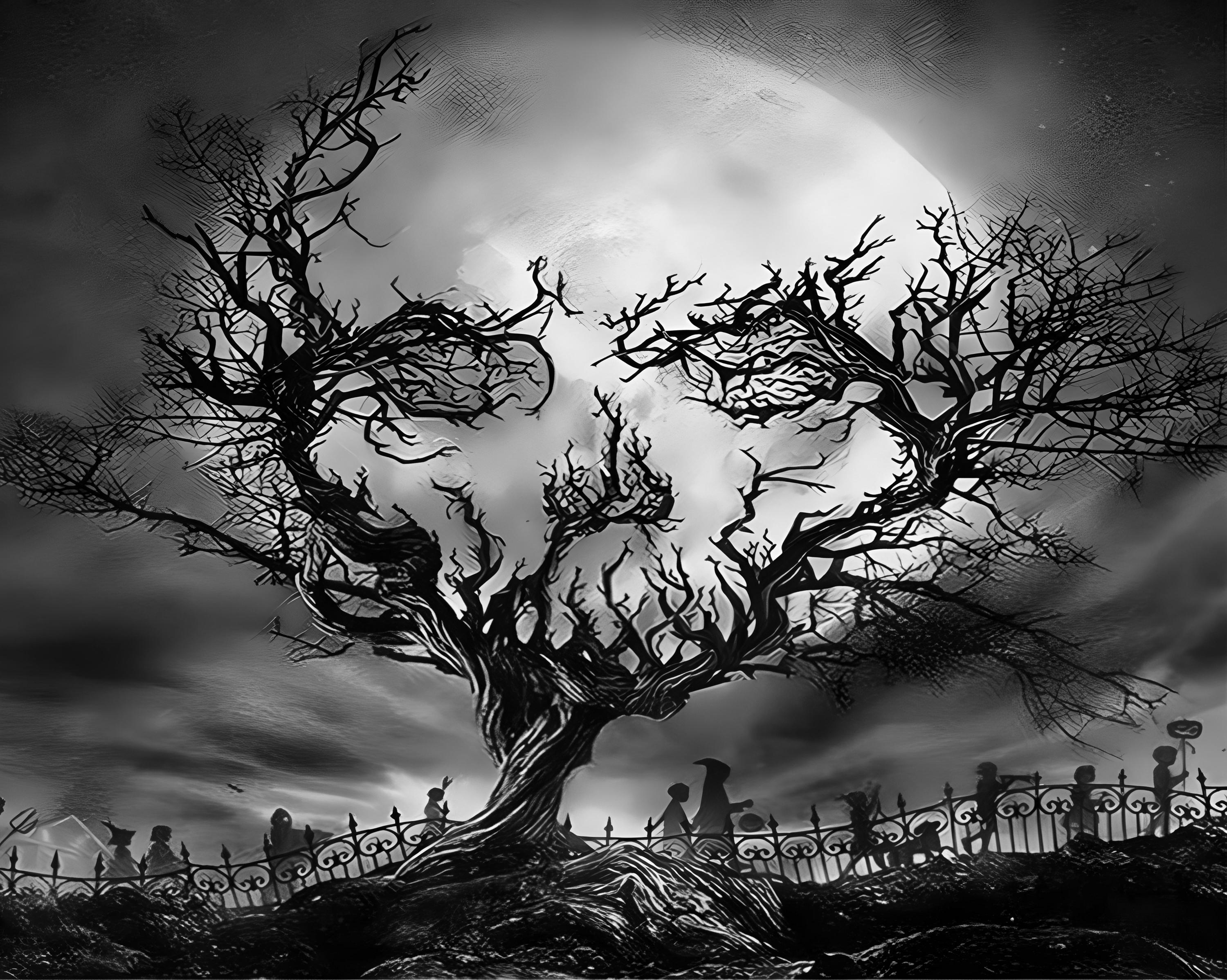 Spooky Skull Tree Printable: Retro Halloween Coven Art (digital