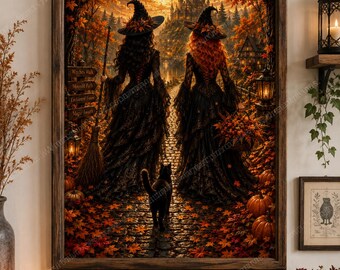 Autumn Witch Wall Art PNG, Halloween Witches Printable, Gothic Castle Fantasy Art, Black Cat Fall Decor, Digital Download