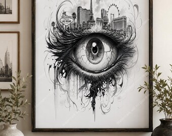 Las Vegas Eye Wall Art Printable Set, Black White & Watercolor Vegas Art, Surreal Eye Illustration PNG Digital Download