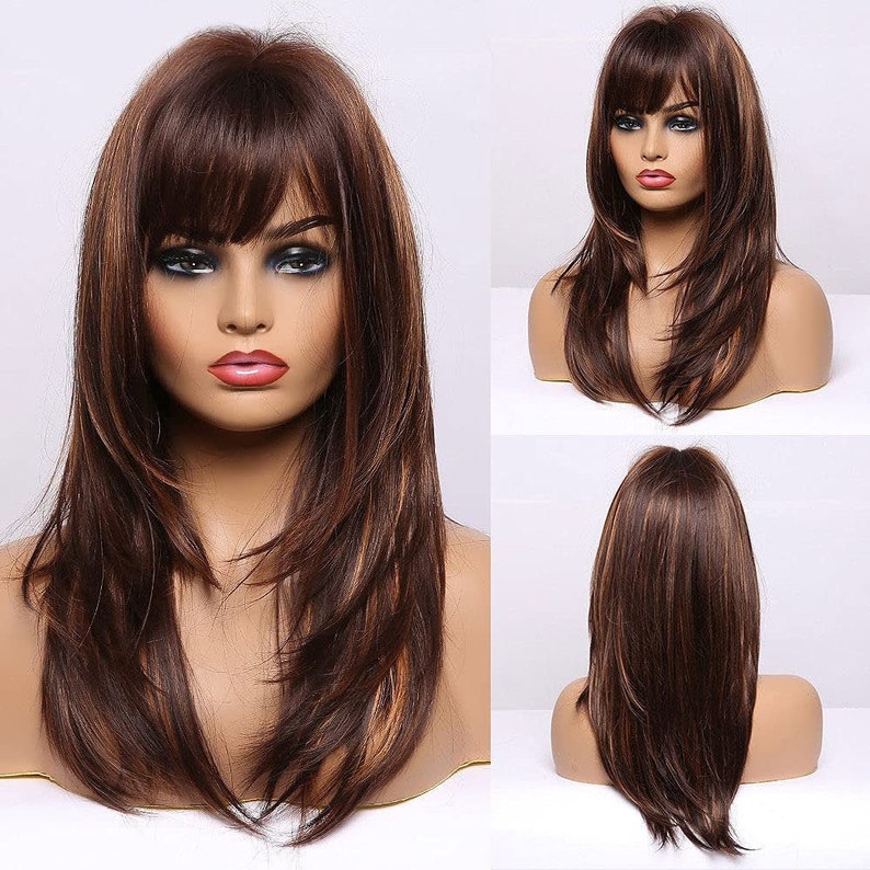 Highlight Brown Layered Synthetic Wig With Curtain Bangs Long - Etsy