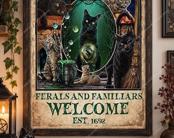 Salem Sanctuary for Wayward Cats Printable, Witchy Black Cat Wall Art, Gothic Halloween 8.5x11 PNG Digital Download