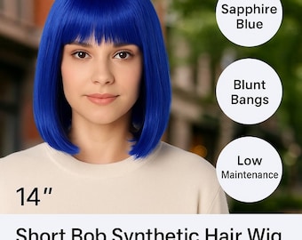 Sapphire Blue Bob Wig: Hand-Dyed Synthetic Hair, Bangs, Cosplay Rave