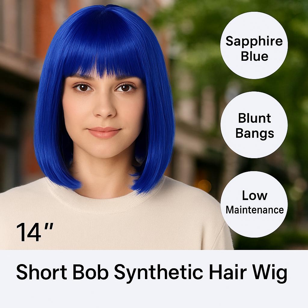 Sapphire Blue Bob Wig: Hand-dyed Synthetic Hair, Bangs  display picture 3