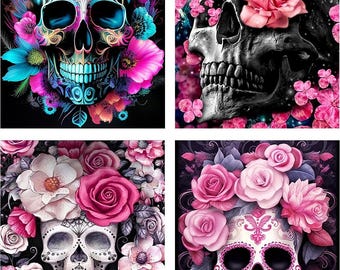 Skull Flower Diamond Painting Kit: Set of 4 DIY 5D Art