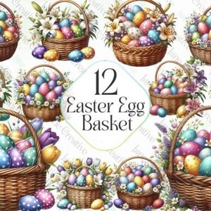 Hermosas 12 cestas de huevos de Pascua MÁS 16 conejitos de Pascua DIY PNG Sublimación digital Clipart Uso para diario basura Álbumes de recortes Decoración de pared, etc.