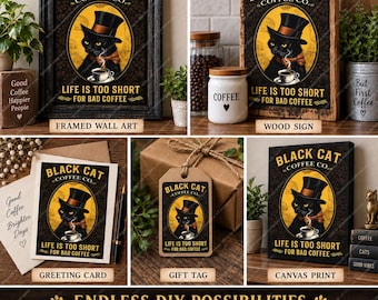Black Cat Coffee Poster PNG, Funny Coffee Quote Wall Art, Vintage Gothic Cat Printable, DIY Cafe Decor Digital Download