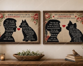 Dog Silhouette Custom Wall Art, Personalized Pet Memorial Print, Rustic Floral Dog Lover Gift, Choose Breed & Person Silhouette