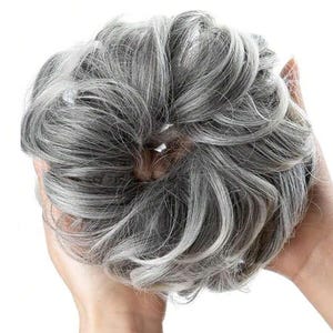 6 Inch Mixed Grey Messy Bun Hair Extensions for Women – Thick Fluffy Elastic Hair Tie – Heat-Resistant Synthetic Updo for Volume and Style