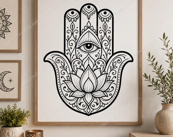 Hamsa Hand Wall Art, Evil Eye Lotus Print, Boho Spiritual Protection Artwork, Minimalist Line Art Decor, Meditation Zen Gift