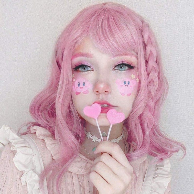 Pink Pastel Wavy Shoulder Length Wig With Air Bangs Trendy | Etsy