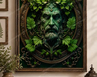 Green Man Wall Art, Celtic Forest Spirit Decor, Nature Guardian Print, Gothic Woodland Face, Pagan Home Decor, Fantasy Wall Art
