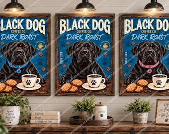 Black Dog Coffee Wall Art PNG, Dark Roast Coffee Dog Printable, Mastiff Cafe Decor, Funny Dog Kitchen Art, 3 Designs