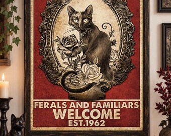 Salem Sanctuary for Wayward Cats Printable, Vintage Black Cat Gothic Wall Art, Witchy Halloween 8.5x11 PNG Download