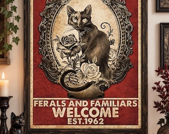 Salem Sanctuary for Wayward Cats Wall Art, Black Cat Gothic Decor, Ferals & Familiars Welcome Vintage Print