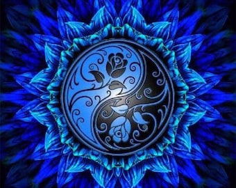 Blue on Black Rose Yin Yang Pattern DIY 5D Diamond Painting by Number Kit Canvas Navy Blue Mandala Gem Painting Kit Wall Decor