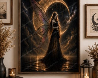 Celestial Fairy With Black Cat PNG, Gothic Fantasy Moon Art Digital Download, Dark Fairy Wall Art Printable Decor