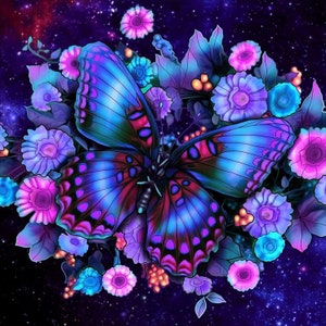 Neon blau lila schwarz Gold Schmetterling Fantasy Kunstdruck DIY Cottage Core Poster Karte Home Decor Sofort Download druckbar bis zu 36x36"