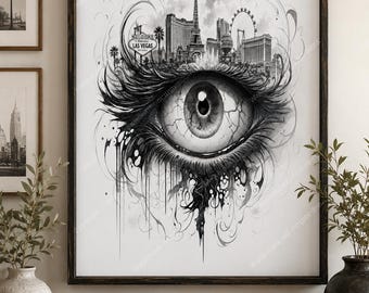 Las Vegas Eye Watercolor Wall Art, Surreal Vegas Skyline Print, Abstract Casino Decor, Colorful Eye Artwork Gift