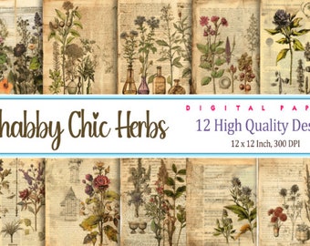 Shabby Chic Herbs Prints on Old Retro Vintage Paper, Ephemera, mini album, potion book, scrapbook, minimalist wall art, junk journal kit