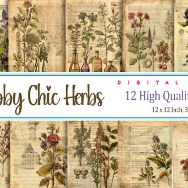 Shabby Chic Herbs Prints on Old Retro Vintage Paper, Ephemera, mini album, potion book, scrapbook, minimalist wall art, junk journal kit